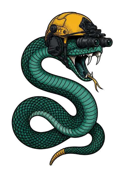 Illustrazione del serpente Secondgear con elmetto tattico e visore notturno